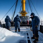 해군의 극한 환경 작전 수행 - A powerful scene depicting Swedish Navy sailors enduring an extreme Arctic mission. The image shows ...