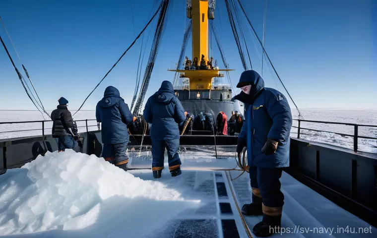 해군의 극한 환경 작전 수행 - A powerful scene depicting Swedish Navy sailors enduring an extreme Arctic mission. The image shows ...