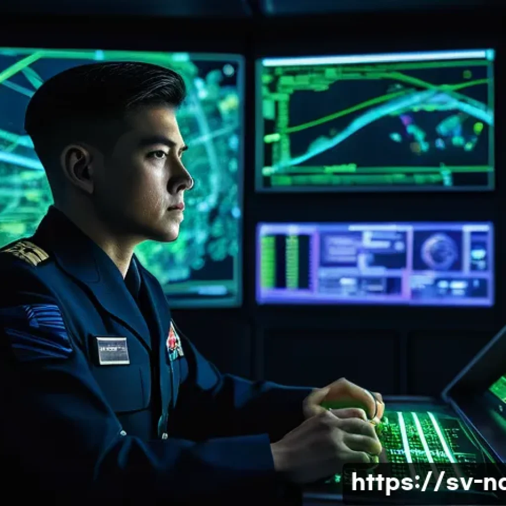 해군의 전자전 대응 능력 - **Prompt:** A young, focused naval officer, dressed in a neat, modern dark blue navy uniform (fully ...