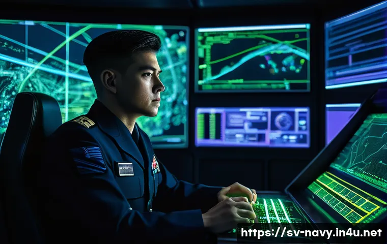 해군의 전자전 대응 능력 - **Prompt:** A young, focused naval officer, dressed in a neat, modern dark blue navy uniform (fully ...